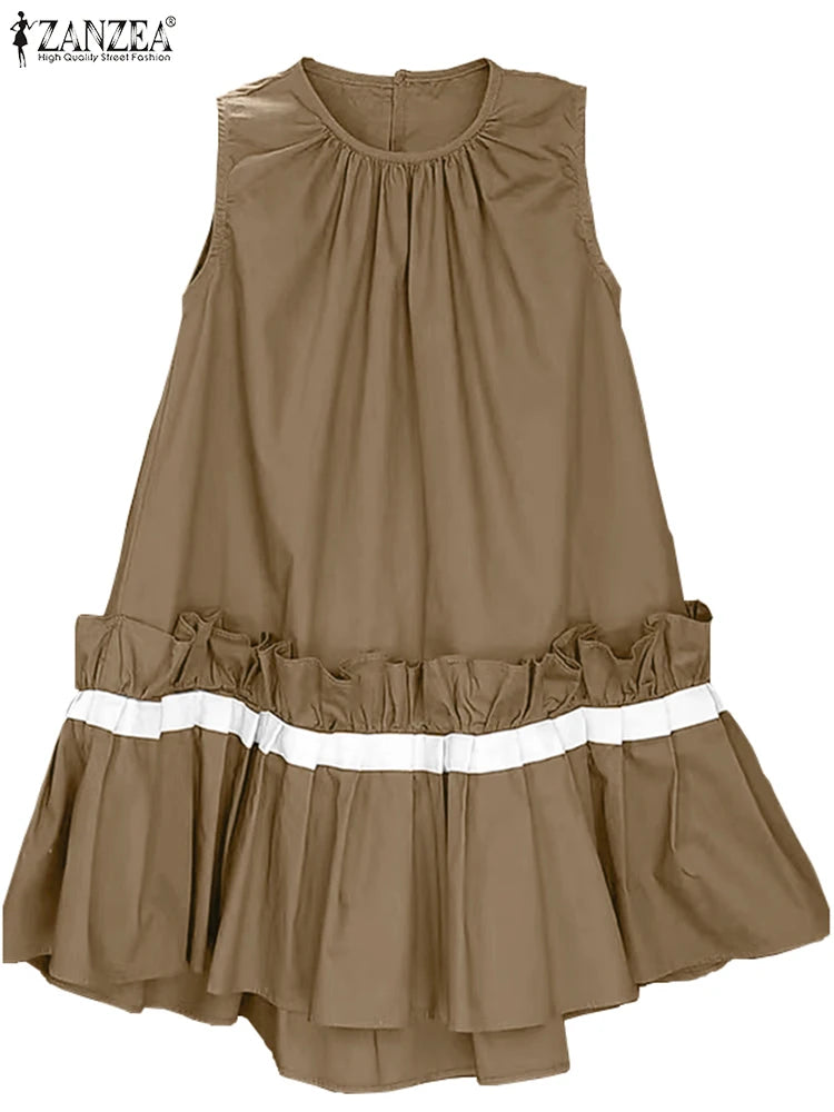 ZANZEA Women Solid Mini Dress Fashion Rufffled Stitching Pleats Vestidos 2024 Summer Sleeveless Tank Robe Casual O-neck Sundress