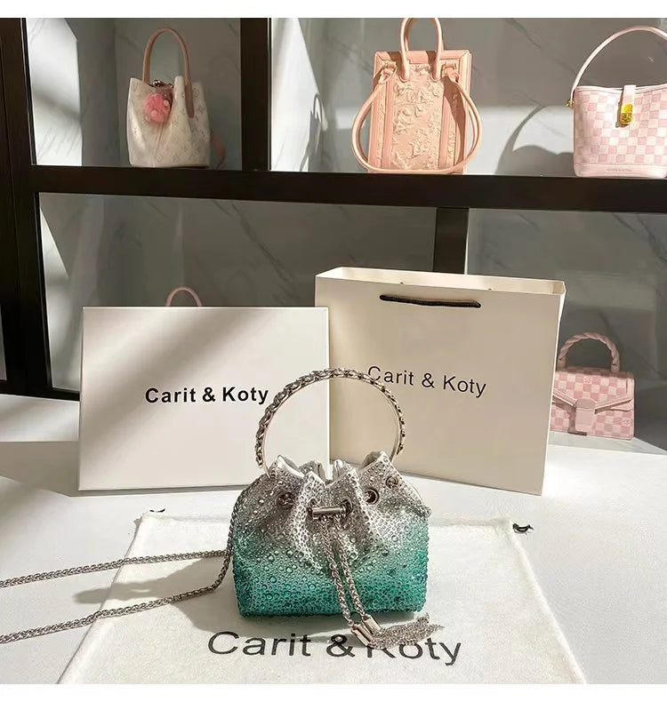 Crystal Shiny Diamonds Bucket Bag Fashion Women Handbag Metal Ring Handle Evening Bag Wedding Party Clutch Purse Crossbody Bag