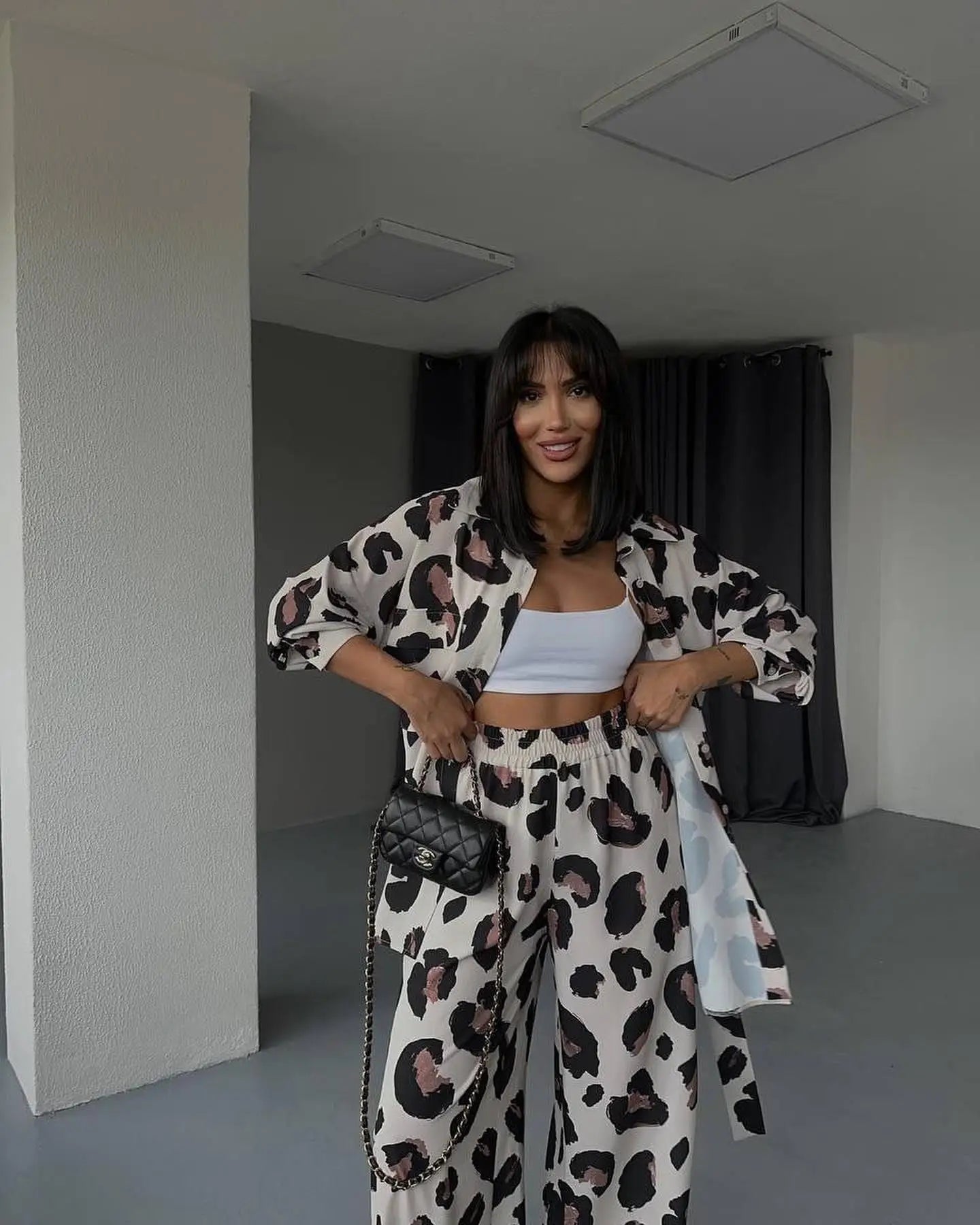 Fashion Leopard Print Women's Two Piece Sets Elegant Casual Button Streetwear Long Sleeve Shirt And Wide Leg Pants 2 Piece Sets