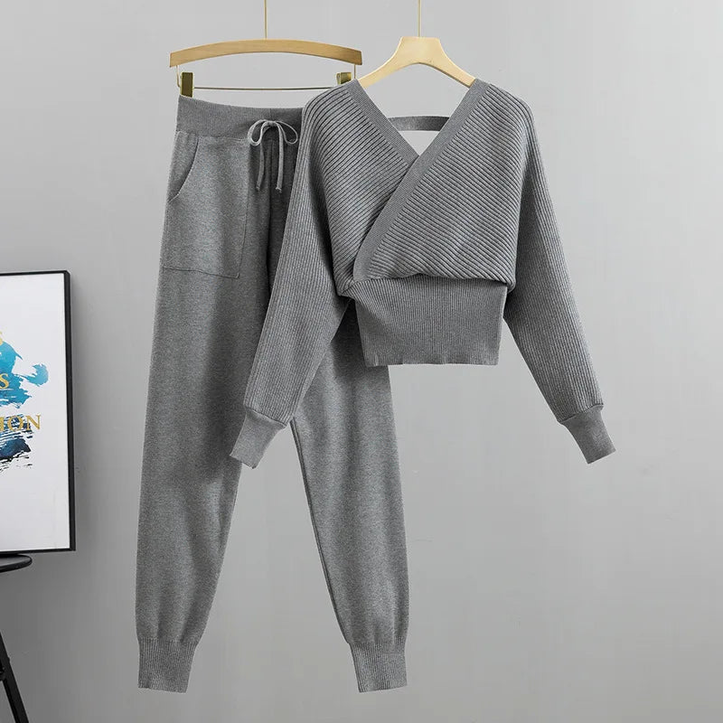 2 Piece Sets Women Knitting Outfits V Neck Pullover Sweater Pockets Drawstring Pencil Pants Slim Fit Suit Casual Knit Ensemble