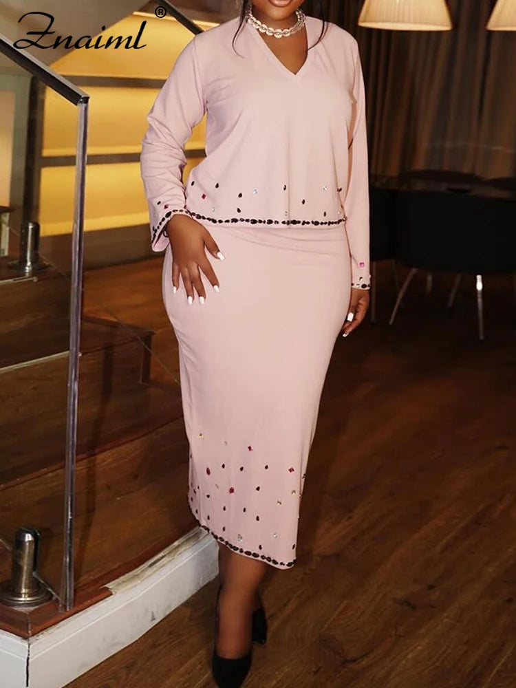 Znaiml Pink Diamonds Patchwork Two Piece Set for Women V-Neck Long Sleeve T-shirt Tops and Pencil Skirt Suit Casual Female New