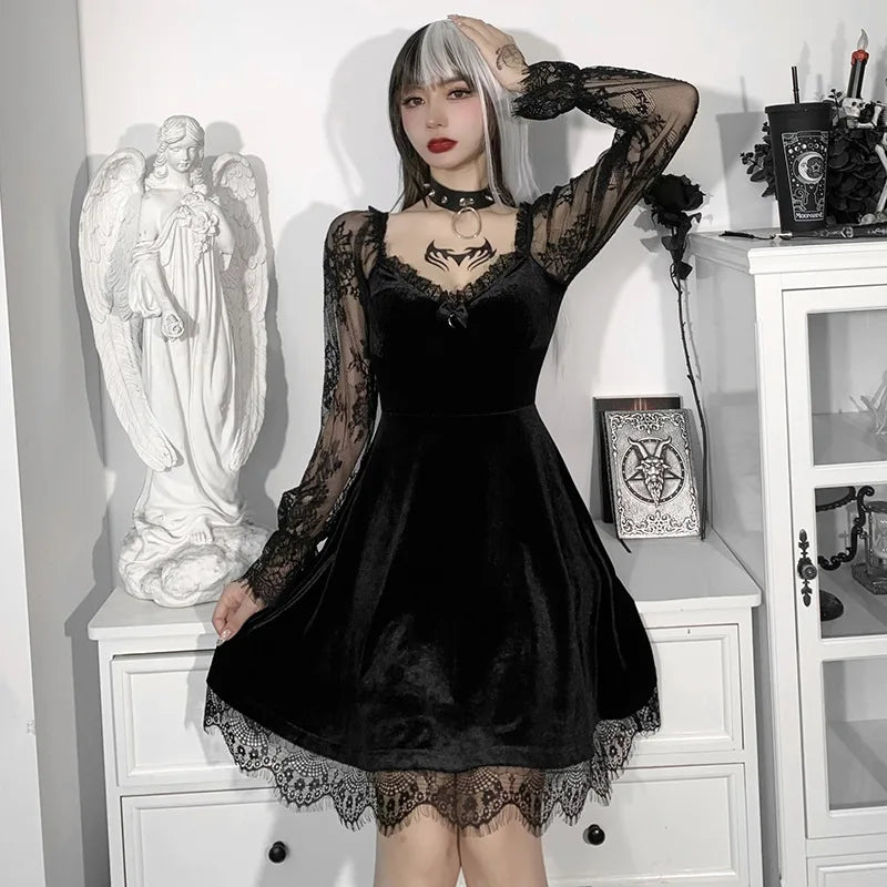 Y2K Hollow Cuffs Strapless Sexy Gothic Lace Dress Dark Style Pleated Knee-length Skirt Women‘s Slim Fit Fashion Women's Clothing
