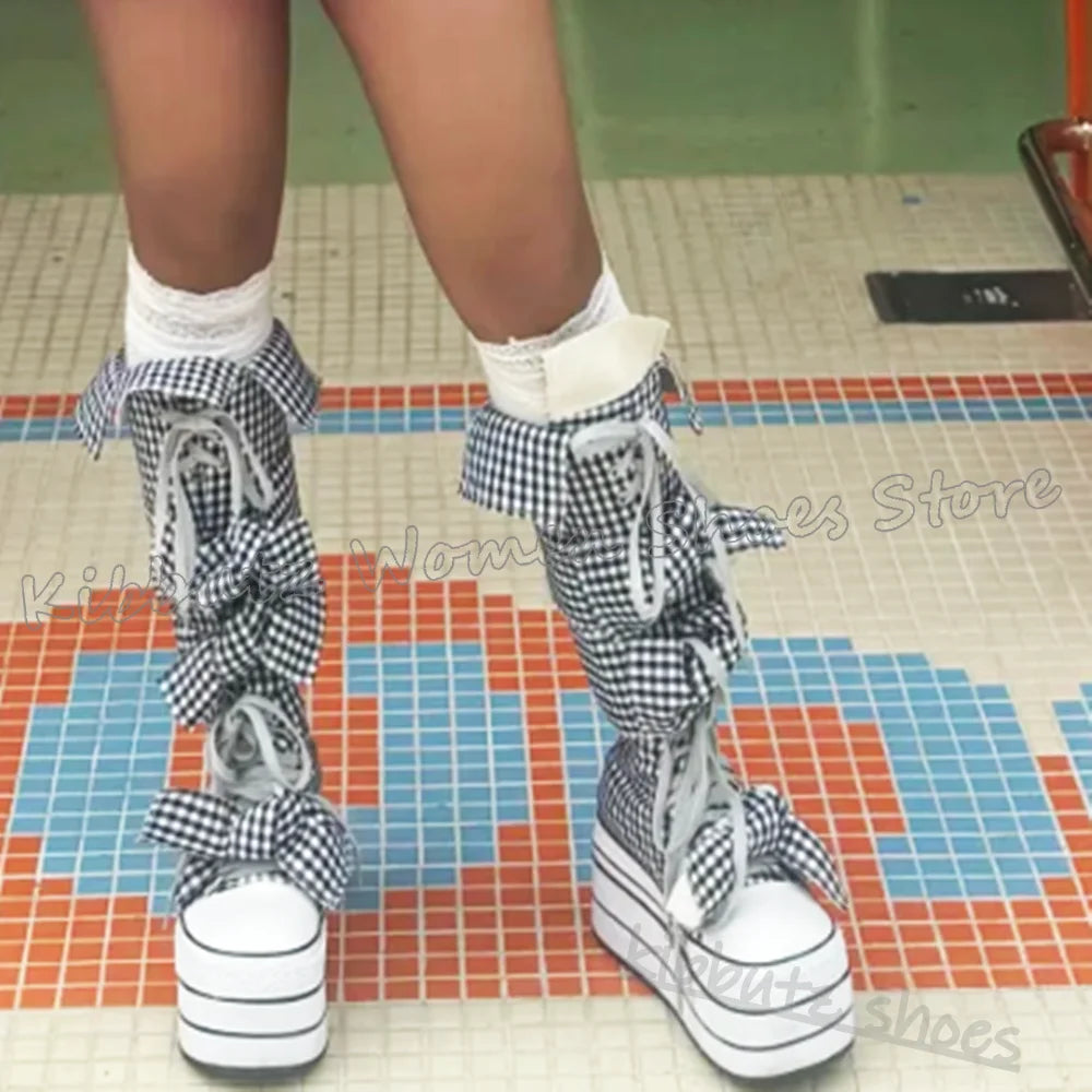 Checkered Canvas Boots Knee High Platform Lace-Up Mixed Color Fashion Elegant Luxury Novelty Women Shoes Round Toe Thick Bottom