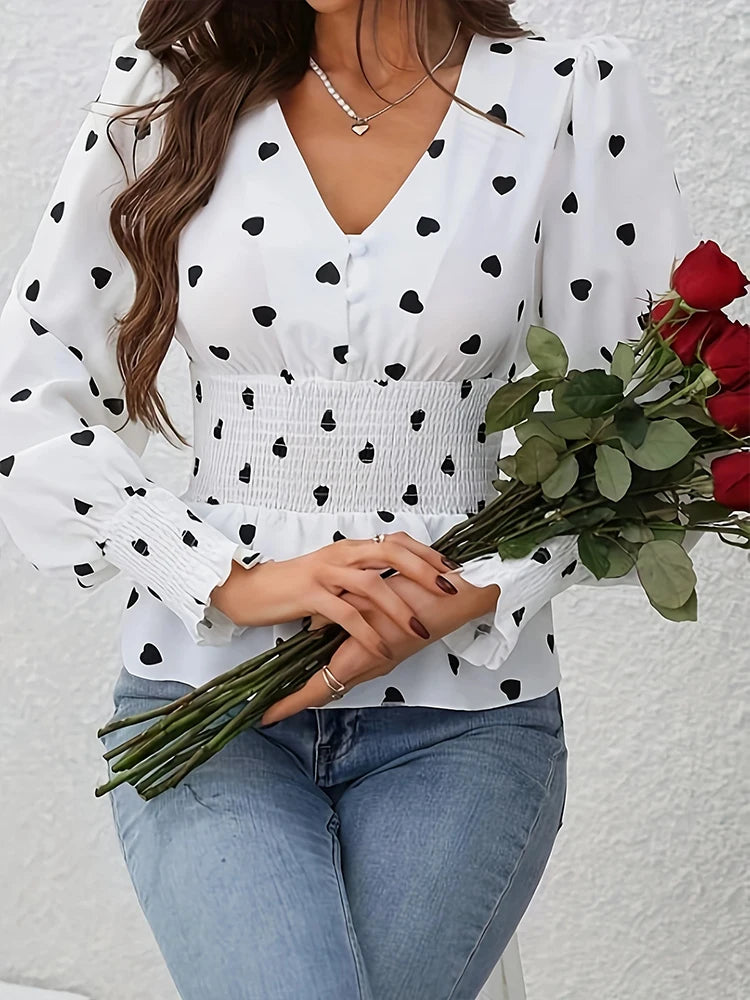 Elegant V-Neck Women's Shirt Spring Summer Fashion Waist-Cinched Long Sleeve Heart Patterned Classy Top
