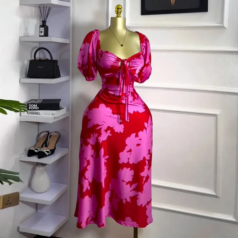 CM.YAYA Women Floral Printed Lantern Half Sleeve Tie Up Long Maxi Dress 2025 Birthday Evening Sexy club Party Dresses Vestidos