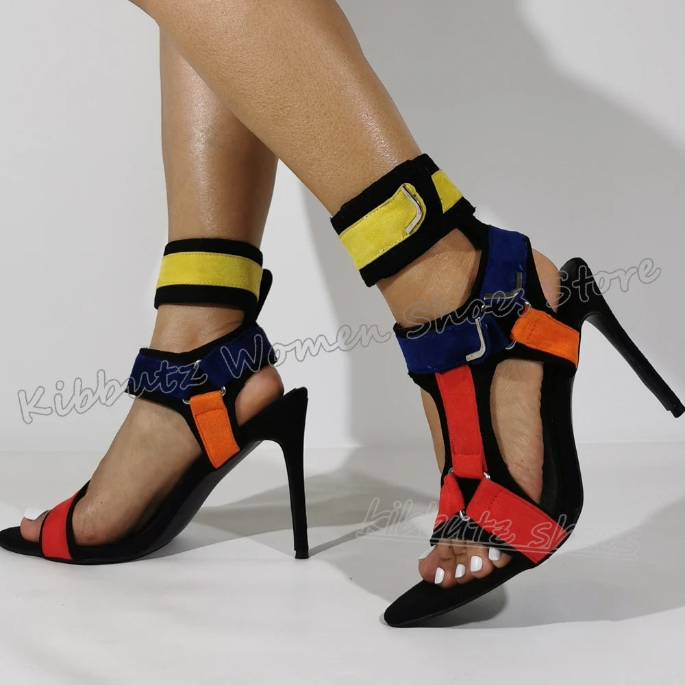 Hook&loop Patchwork Sandals Buckle Strap Pointy Thin Heels Fashion Luxury Elegant Comfortable Novelty Women Shoes Newest Leather