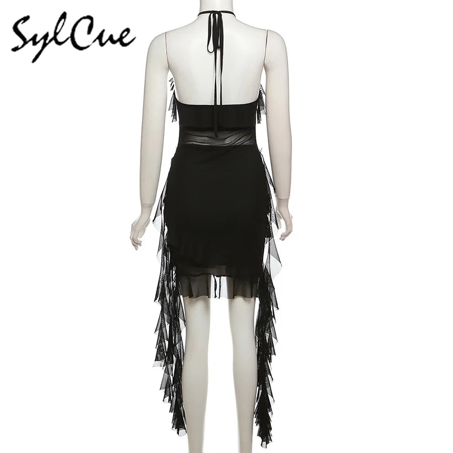Sylcue 2024 Spring New Sweet Gentle Sexy Mature Beautiful Elegant Party Queen Women'S Short Neck Ruffled Tassel Dress