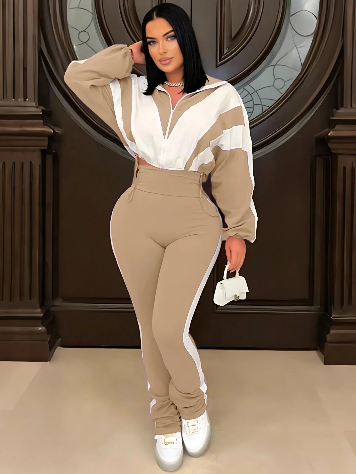CM.YAYA Active Patchwork Women's Set Zipper Sweatshirt Jacket and Long Pants Suit 2025 Fall Two 2 Piece Sets Outfit Tracksuit