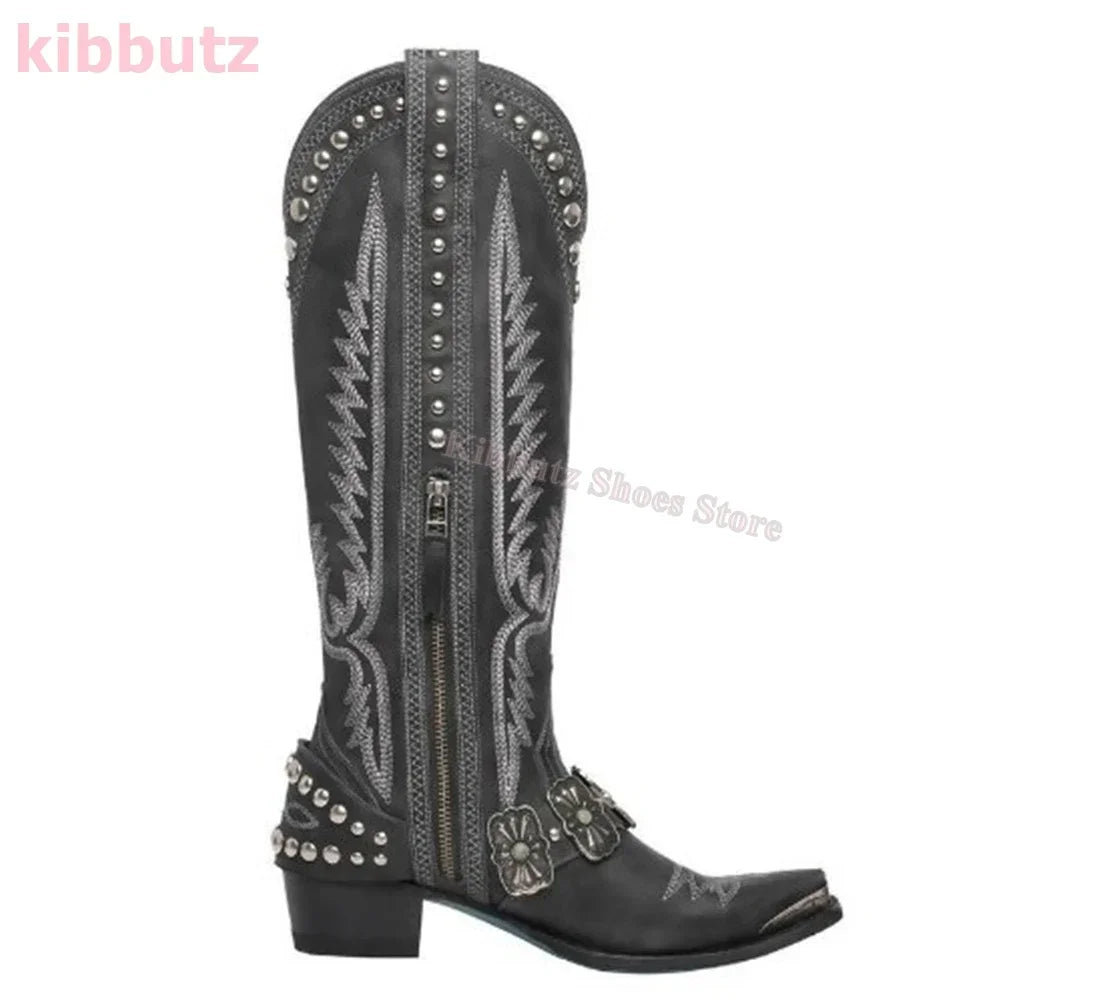 Cowboy Boots Knee High Rivet Leather Fashion Luxury Concise Elegant Sexy Pointed Toe Square Heels Side Zipper Women Shoes Newest