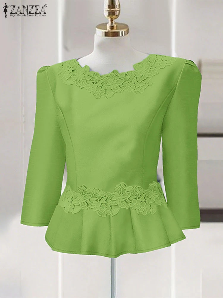 Lace Patchwork Three Quarter Sleeve Peplum Blouse for Women