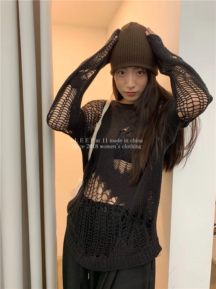 Karrram Gothic Hollow Out Sweater Hole See Through Oversized Knitted Pullovers Emo Streetwear Grunge Clothes Y2k Tops Spring