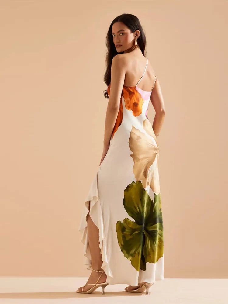 Flower Print Slanted Shoulder Dress Vintage Backless Sleeveless Skinny Irregular Robe For Women 2025 Summer Lady Beach Vestido