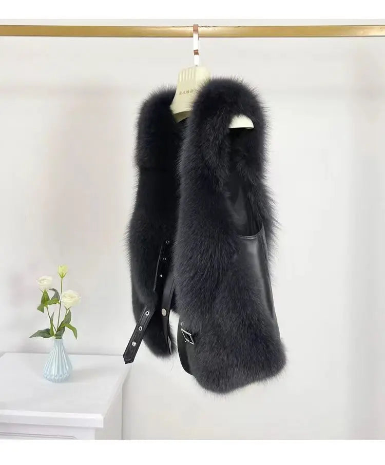 2025 Autumn Winter Women Vest Short Style Splicing Solid Color Fur Coat New