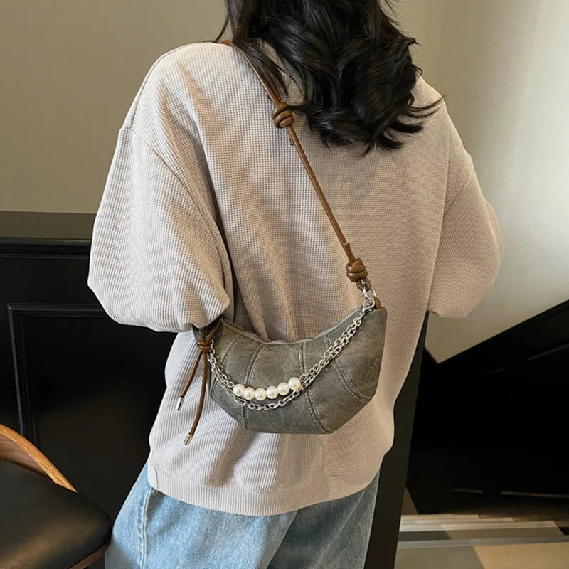 Retro Denim Dumpling Bag Creative Horn Design Pearl Pendant Messenger Bag Brand High-grade Leather Ladies Versatile Shoulder Bag