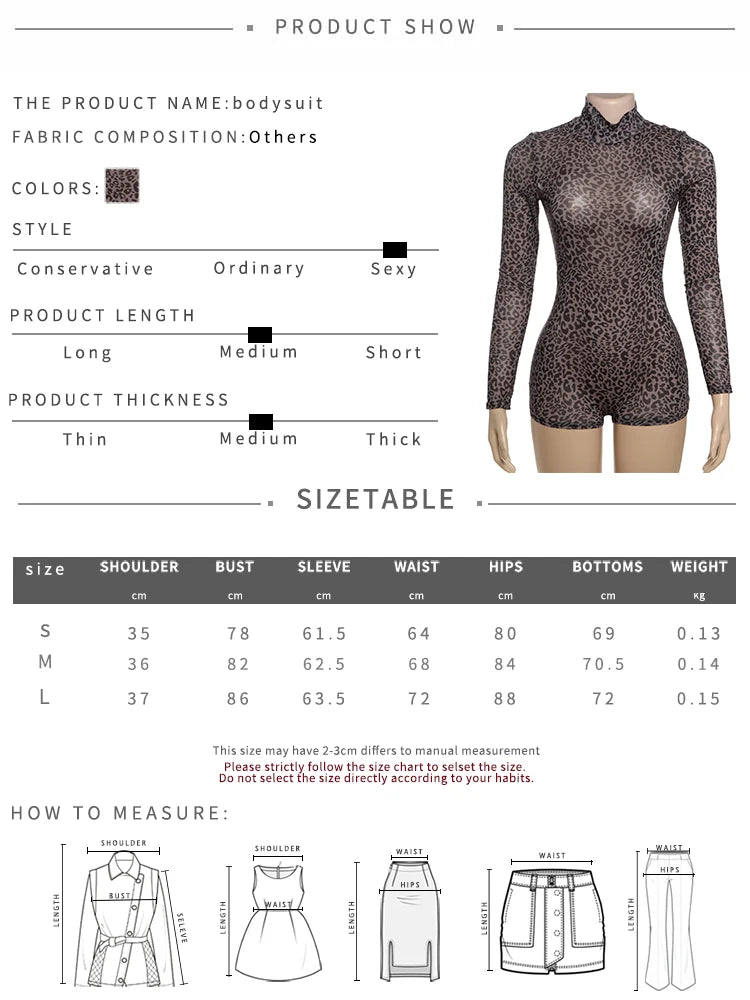 Weird Puss Leopard Print Romper Women See Through Sexy Full Sleeve Turtleneck Fall Fit Skinny Playsuit Stretch Midnight Clubwear