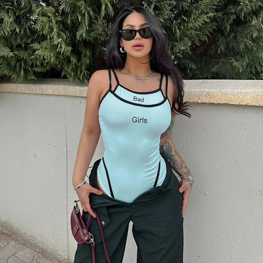Women Sports Bodysuits Solid Summer Sexy Sling Sleeveless Casual Slim Bodysuits Fashion O-Neck Embroidery Letter Skinny Rompers