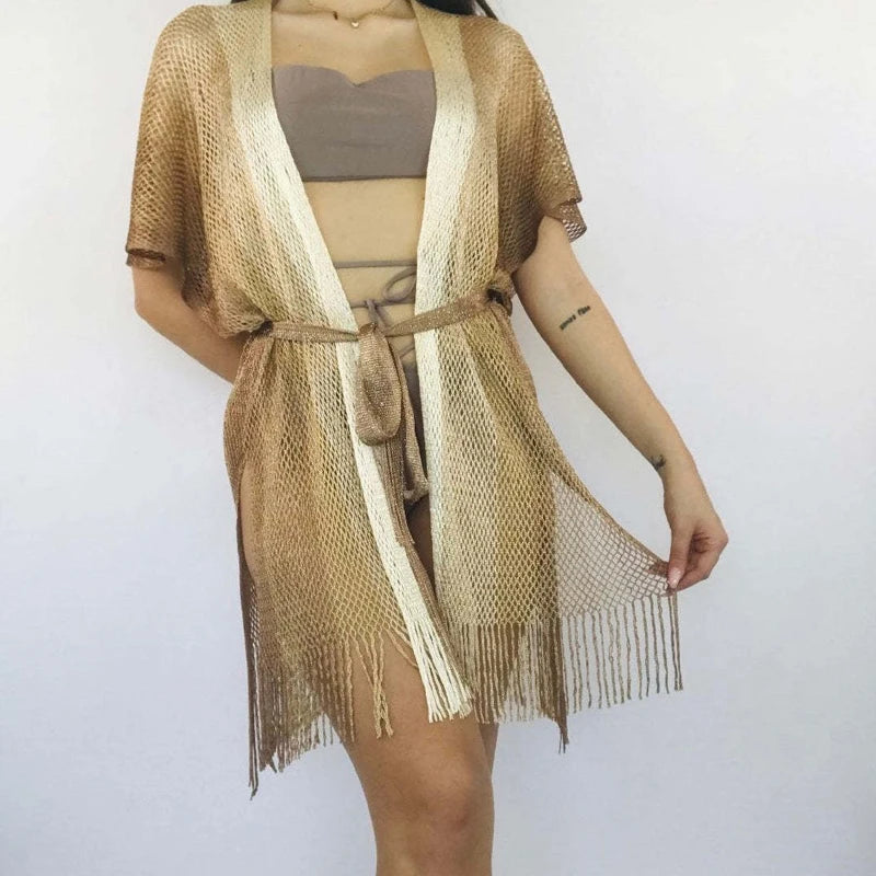 Women 2025 Tassel Style Transparent Party Robe Streetwear Short Sleeve knit Clothes Fashion Striped Colorful Belt Cardigan Dress