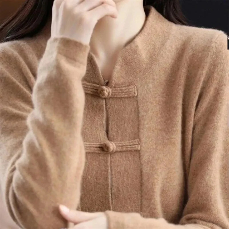 Vintage Knitted Cardigan Women's Thickened Half High Collar frog Loose Slim Sweater Coat Chinese Style Top Autumn And Winter N