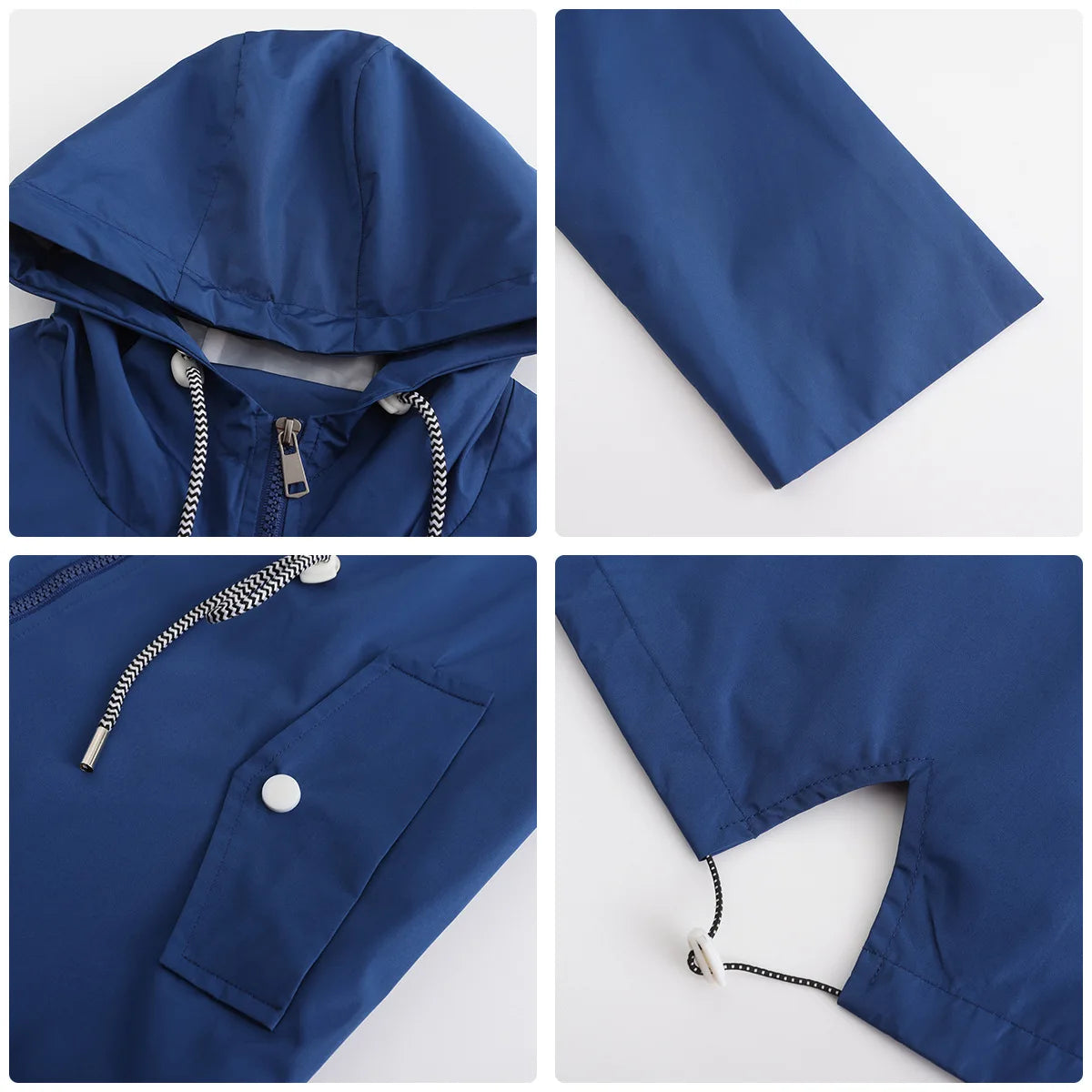 Women Outdoor Windbreaker Casual Loose Hooded Waterproof Raincoat Long Sleeve Solid Color Mid-length Zipper Hiking Jackets