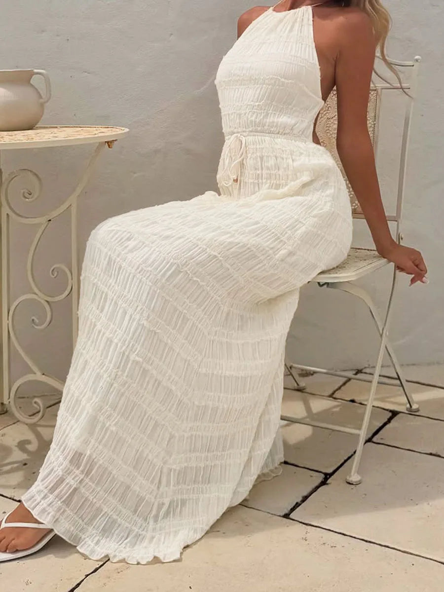 Women's Halter Neck Long Dress Frill Layered Solid Dress Drawstring Belted Sleeveless Dress