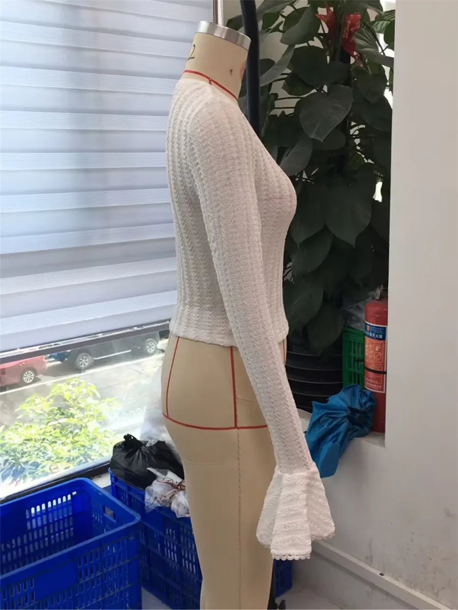 Women's Solid Color T-Shirts Autumn Textured Picot Trim Scoop Neck Long Bell Sleeves Slim Fit Crop Tops Female Casual Pullovers