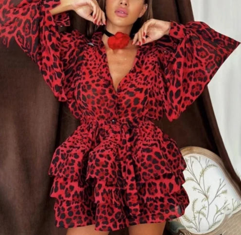 Spring Popular Retro Classic Leopard Pattern Single-Breasted Lantern Sleeve Shirt Layered Dress Puffy Cinched Short Dress Female