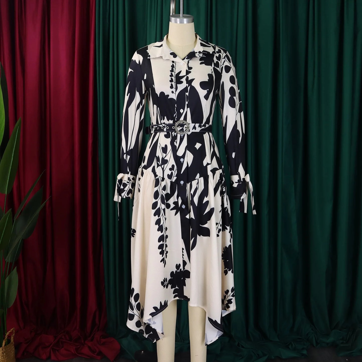 Elegant Printed Dresses Woman 2024 Turn Down Collar Single Breasted Full Sleeve Asymmetric Ankle Length Fashion Birthday Dress