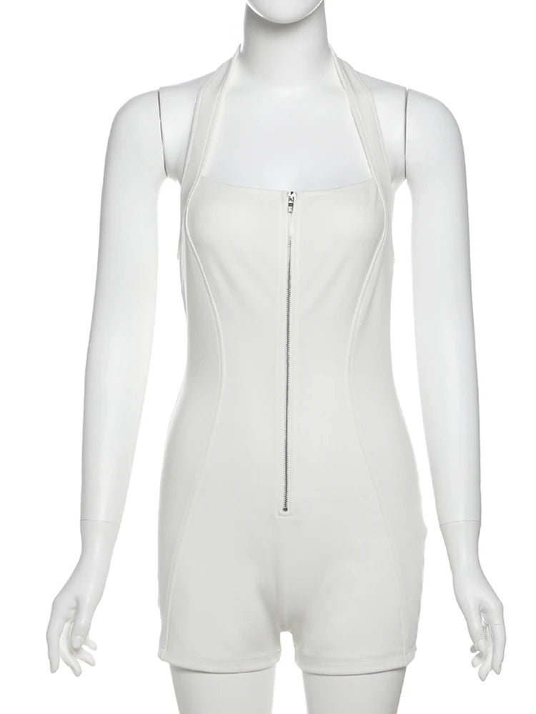 Weird Puss Zip Halter Romper Women 2025 Summer Stretch Fitness Sporty Hipster Backless Sleeveless Playsuit Casual Trend Outfits