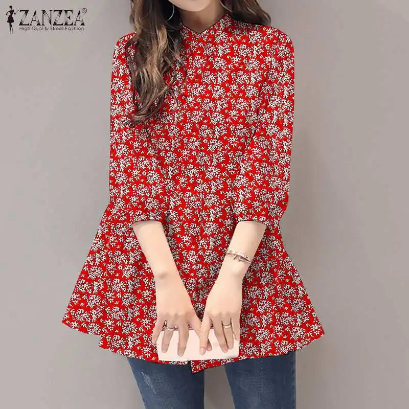 ZANZEA 2024 Summer Shirt Women Floral Prined Bohemian Stand Collar 3/4 Sleeve Casual Vintage Elegant Blusas Loose Tunic Tops