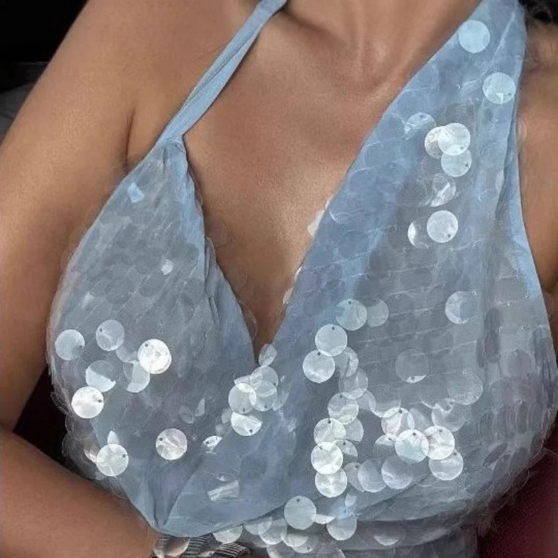 Chic Sequin Skinny Maxi Dress Swing Collar Backless Off Shoulder Lace Up Sparkling Vestidos For Women 2025 Summer Lady Y2k Robes
