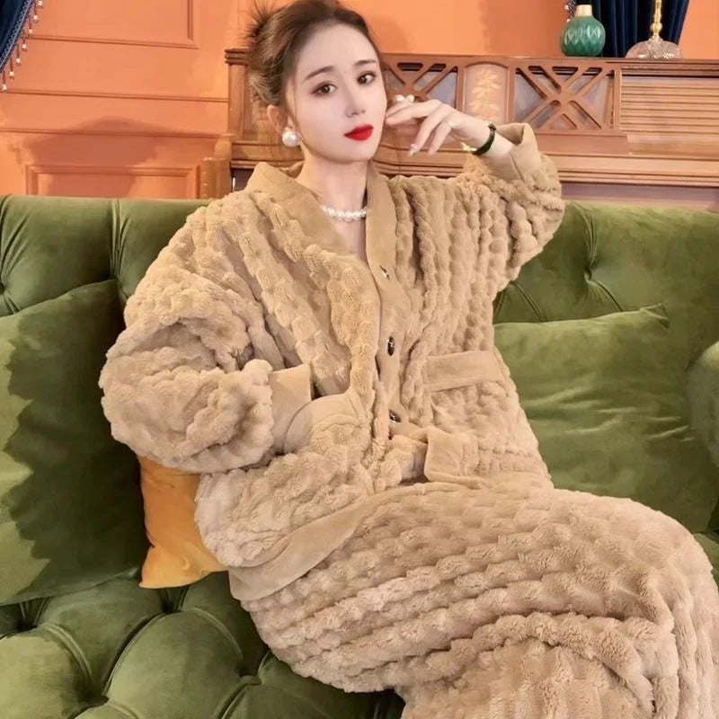 5XL Stripes Women's Flannel Cardigan Home Fur Solid Color Loose Coral Velvet Pajama Set Autumn/Winter Pants Two Piece Suit Red