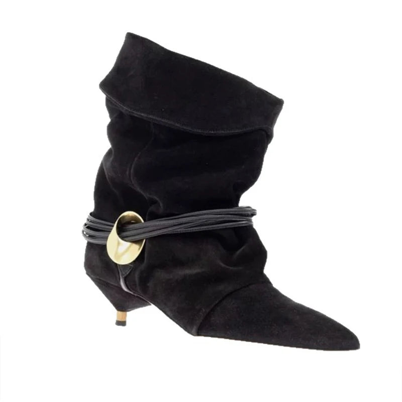 Vintage Stiletto Low Heel Boots Women's Fashion Brand Pleated Ankle Boots Brown Pointed High-end Texture New Cowboy Boots Shoes