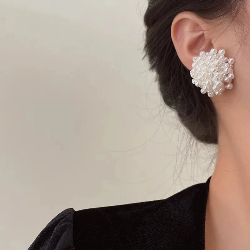 Exquisite Pearl Braided Flower Earrings for Women French Exaggerated Round Brincos Wedding Party Jewelry