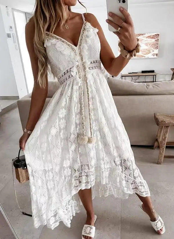 Summer Women Lace Strapless Flared Maxi Dress Solid White Long Dress Sleeveless V Neck Flowy Ruffle Bohemian Dresses
