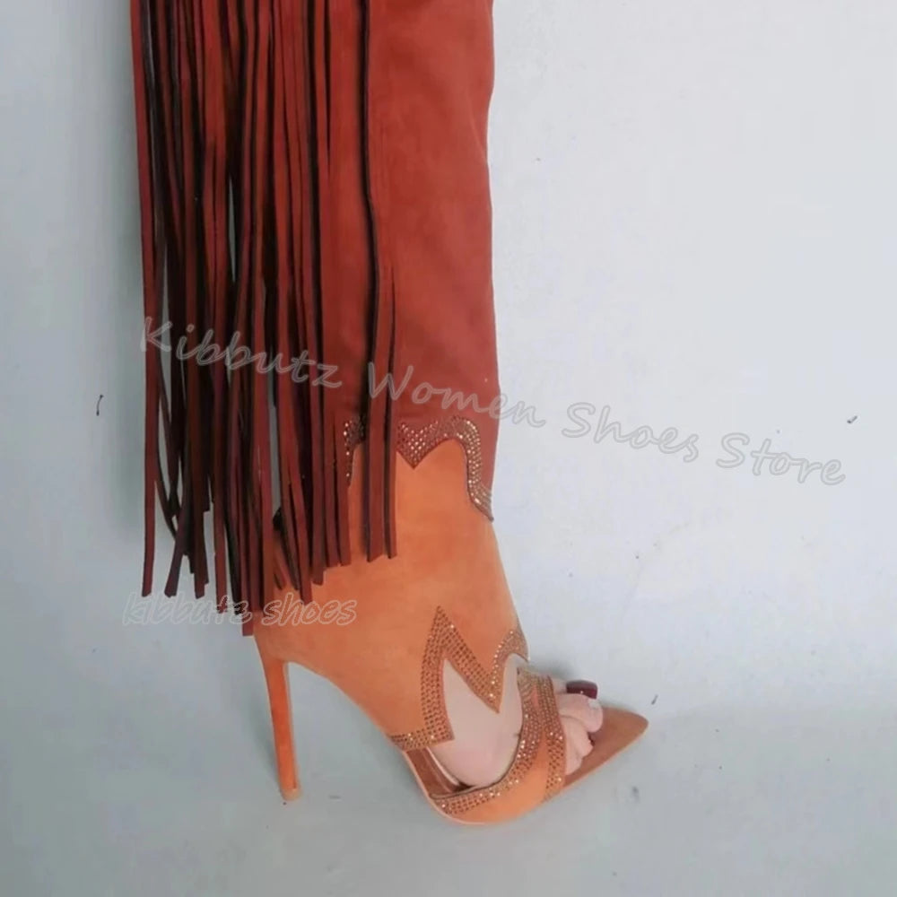 Fringe Over The Knee Sandal Boots Suede Fashion Novelty Sexy Elegant Comfortable Women Shoes New Pointed Toe Thin Heels Slip-On