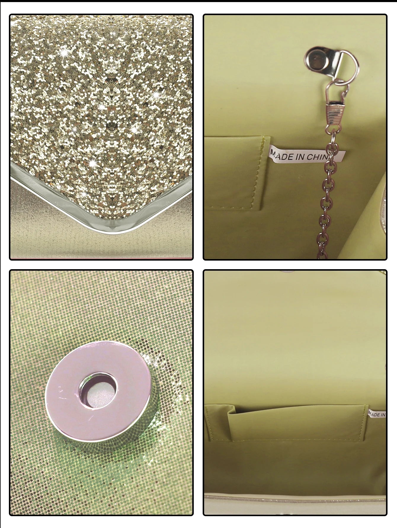 Sparkling and luxurious sequined evening clutch for women, paired with a gorgeous rhinestone necklace, earrings and bracelet set