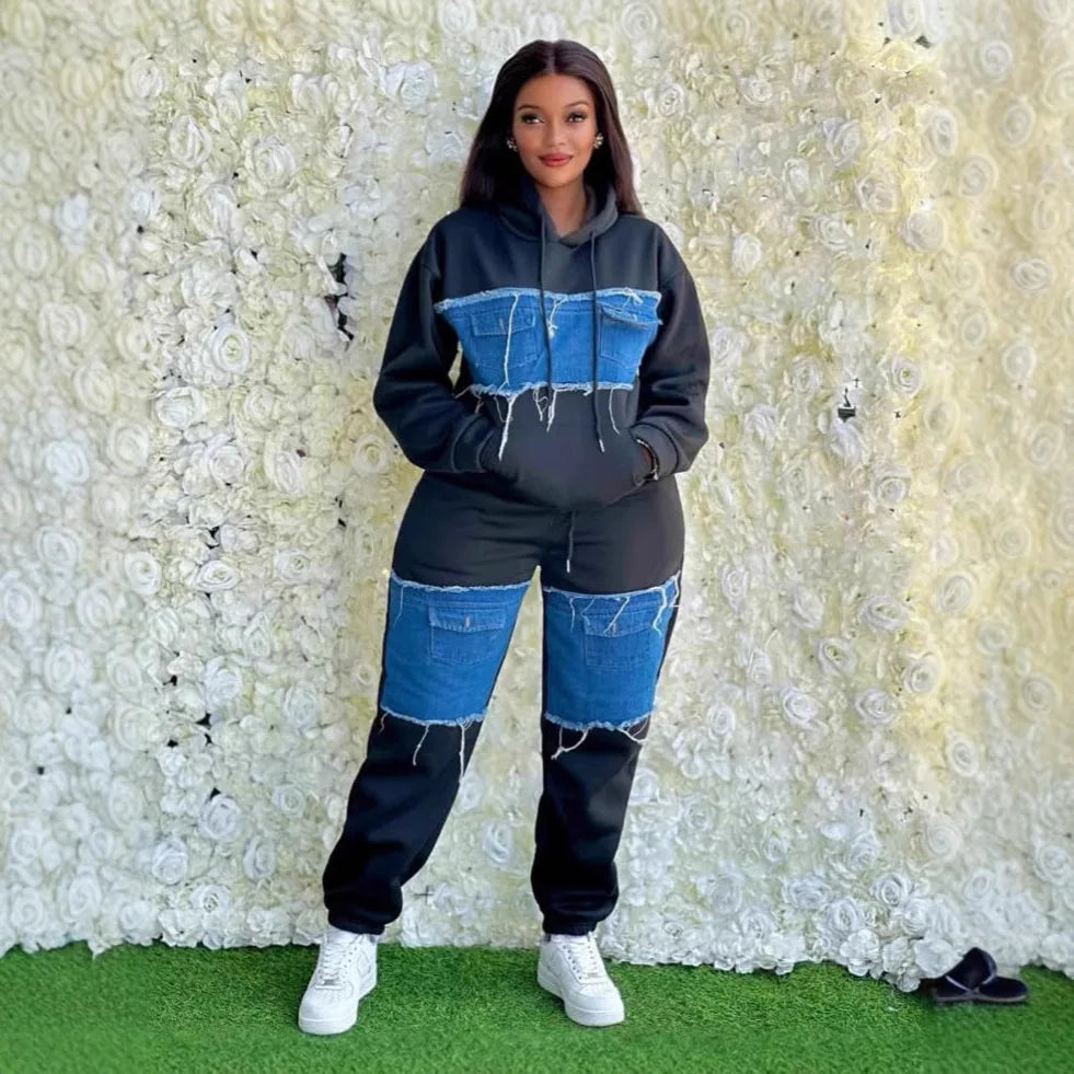 Pants Set Women Two Piece Sets Hooded Matching Sets Sweatshirts Long Pants High Waist Denim Splice Y2k Casual Jogger 2025