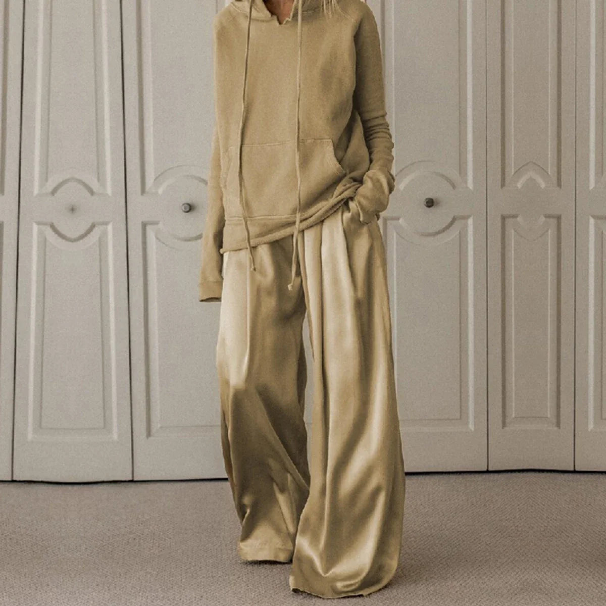 2025 Autumn Fashion Suit for Women Drawstring Hooded Sweatshirt and High Waist Wide Leg Pants Casual Pant Sets
