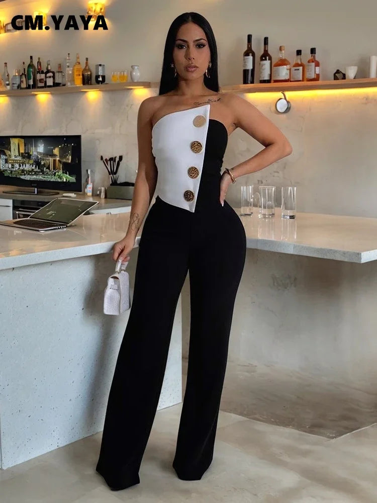 CM.YAYA Elegant Button Strapless Sleeveless Irregular Girl Jumpsuits 2025 Spring Women's Overalls Outfits Night Club One Piece