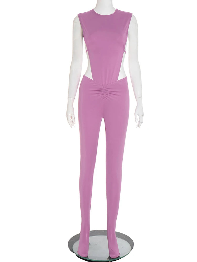 Weird Puss Sexy Women Tracksuit 2 Piece Set Sleeveless Side Split Bodysuit+Ruched Foot Leggings Matching Hipster Street Outfits