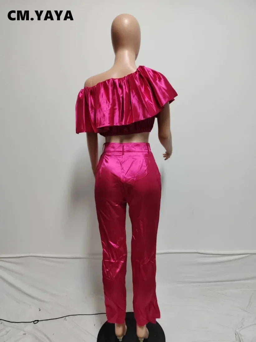 CM.YAYA Fashion Satin Women's Set Butterfly Sleeve Crop Top and Wide Leg Pants Suit 2024 Party Club Even Two 2 Piece Sets Outfit
