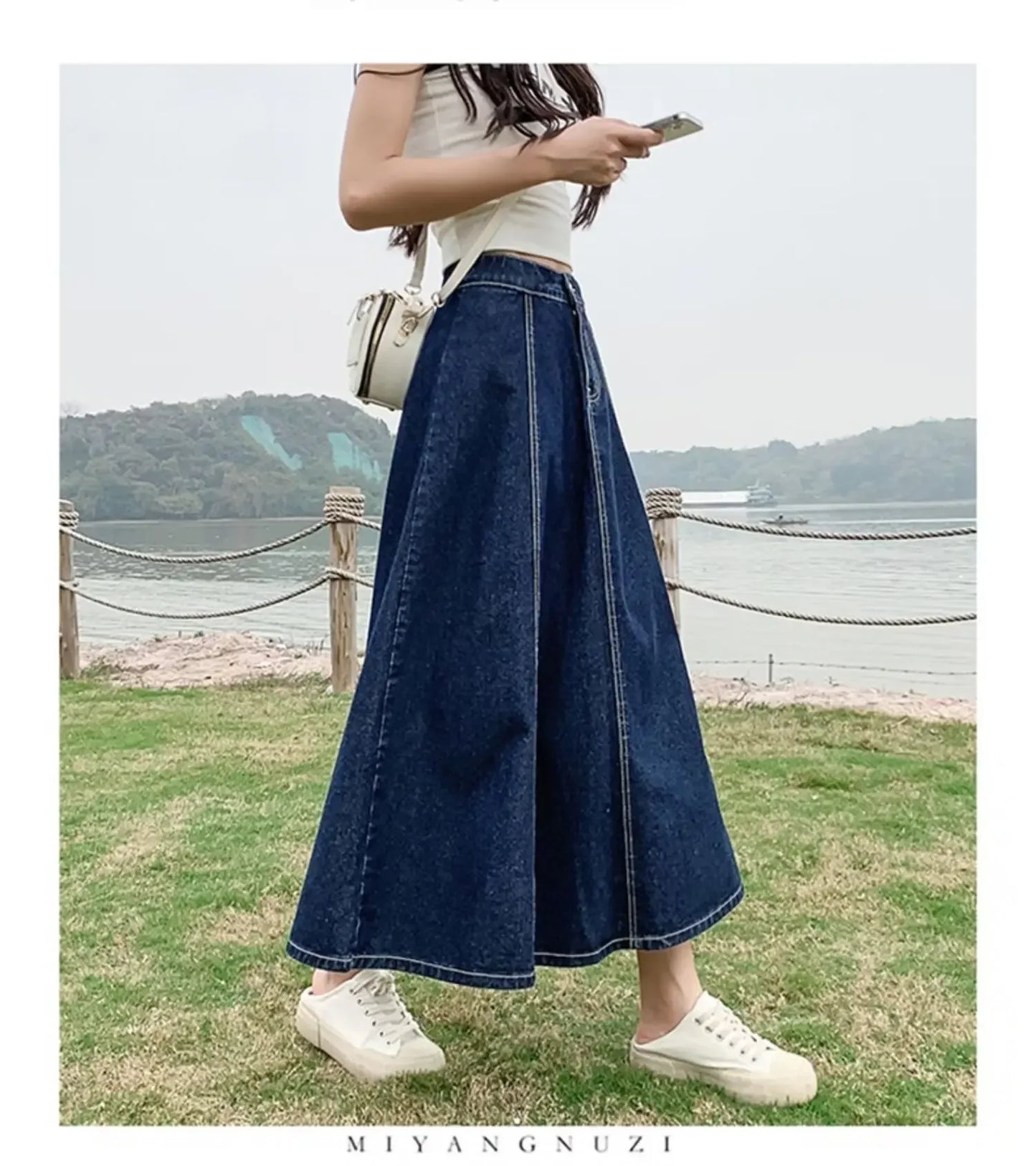 Fashionable Spring Medium-Length High-Waisted Jeans Long Dress Women's Elastic Waist A- Line Skirt Umbrella Skirt