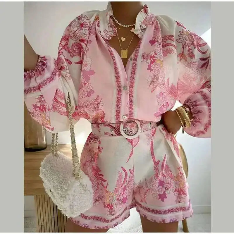 Casual Print Relaxed Fit Top and Shorts Set for Women