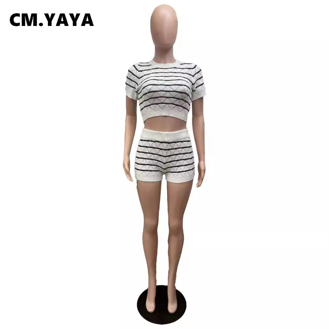 CM.YAYA Women's Set Short Sleeve Top and Shorts 2024 Summer Two 2 Piece Set Outfit Striped Knitted Ribbon Beach Tracksuit