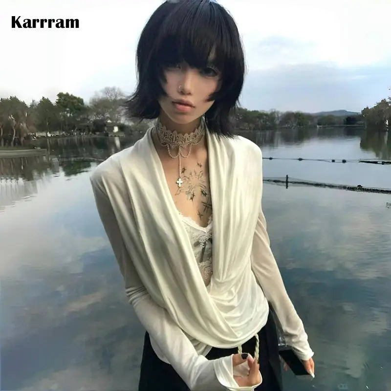 Karrram Japanese Y2k Cross Tops Trashy 2000s Style V-neck Long Sleeve T-shirt Vintage Harajuku White Irregular Tops American 90s