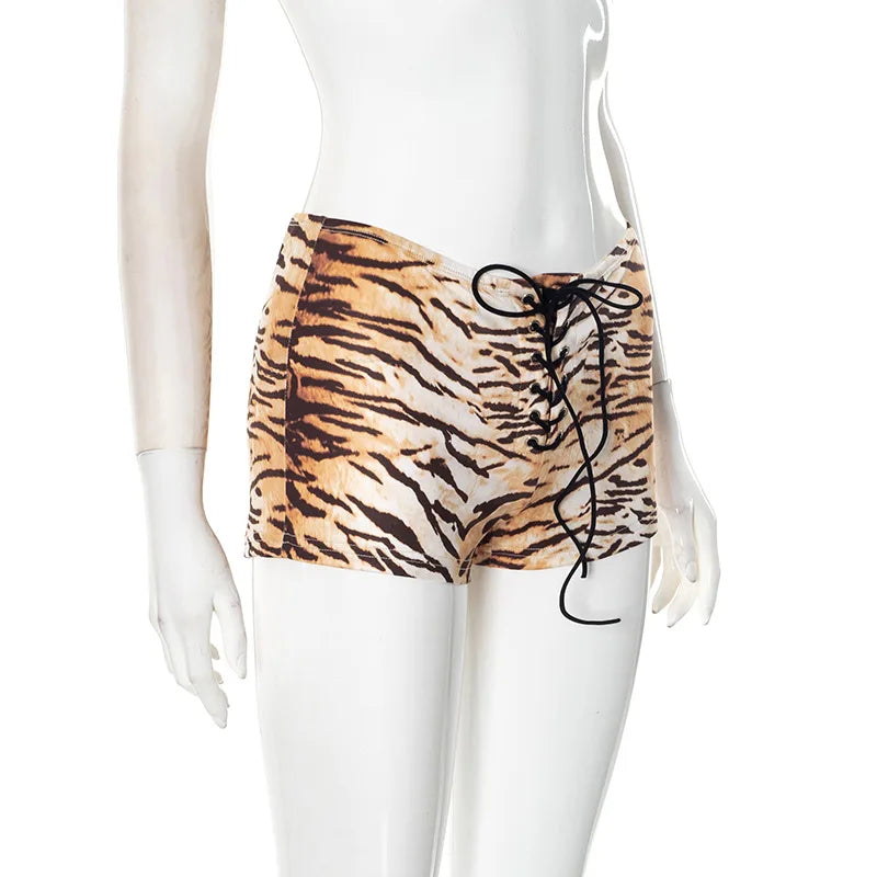 Joskaa Tiger Stripe Print Shorts Women Hipster Sexy Low Rise Bandage Hot Pants 2025 Summer Holiday Party Club Bottoms Streetwear