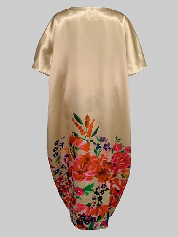 Beautyblue Plus Size Women's Clothing Robe De Soiree Femmes Elegant Floral Printed Boat Neck Puff Sleeves Oversized Maxi Dress