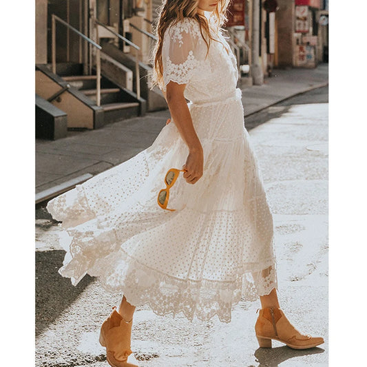 Summer Women V-Neck Embroidery Slim-Fit Short Sleeve Long Dress Beach Bohemian Wedding White Lace Dress