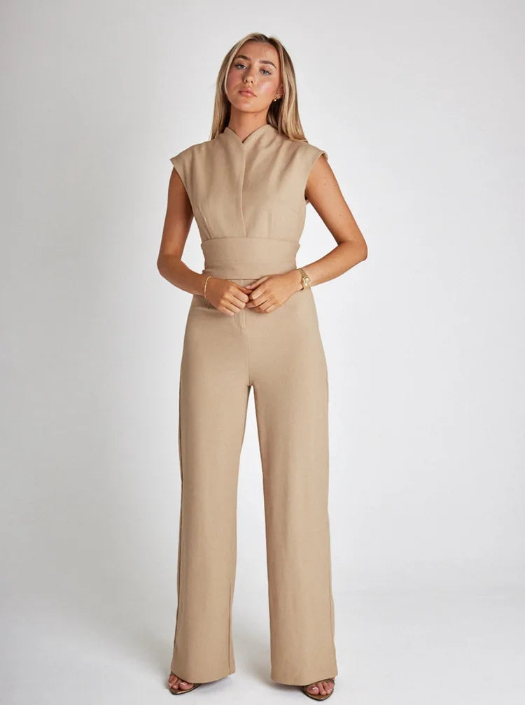 Spring New Women's Long Jumpsuit Elegant V-neck with High Waist Belt Straight Wide for Jumpsuit Holiday Style Casual Jumpsuit