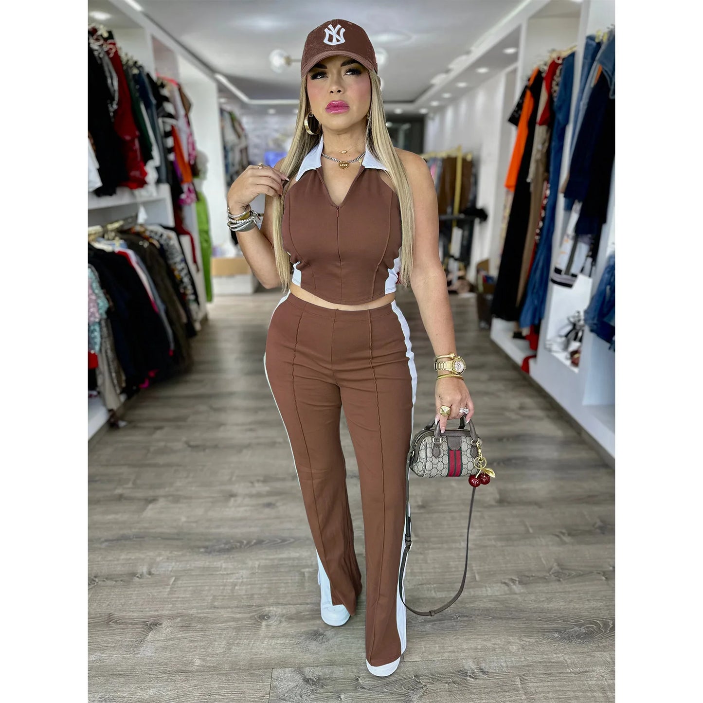CM.YAYA Sporty Patchwork Women's Set Sleeveless Polo-tank Tops and Slit Flare Pants 2025 Active Two 2 Piece Set Outfit Tracksuit